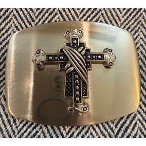 Christian Cross Belt Buckle With Intricate Black & Silver Details 4"x3" Metal De